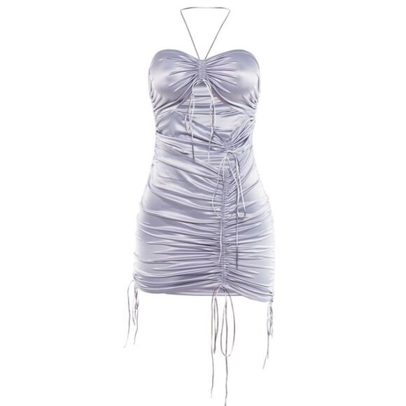 NEW! Lavender Ruched Drawstring Cut Out Satin Mini Dress - Picture 10 of 14